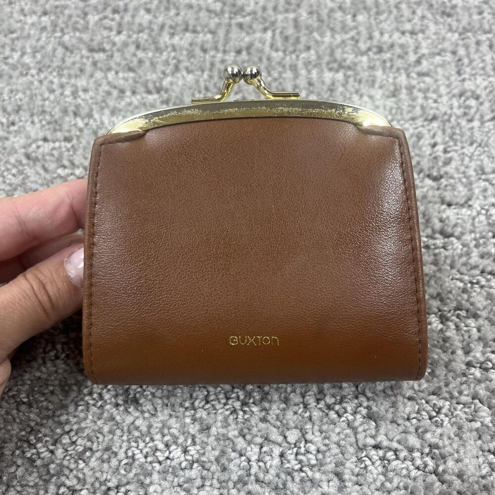Buxton Coin Wallet Womens One Size Brown Leather Kiss Lock Frame Purse Compact